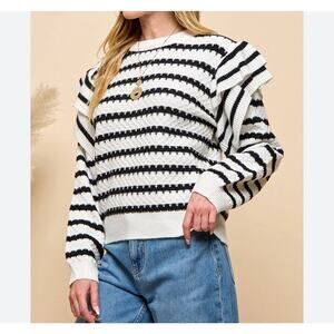 Cezele White/Black Stripe Ruffle Trim Sweater Sz M